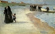 Peter Severin Kroyer en hvid bad i strandkanten, lys sommeraften oil